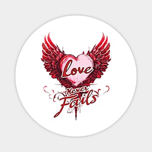 Red Love Never Fails T-Shirt - Vintage Winged Heart Painting Magnet